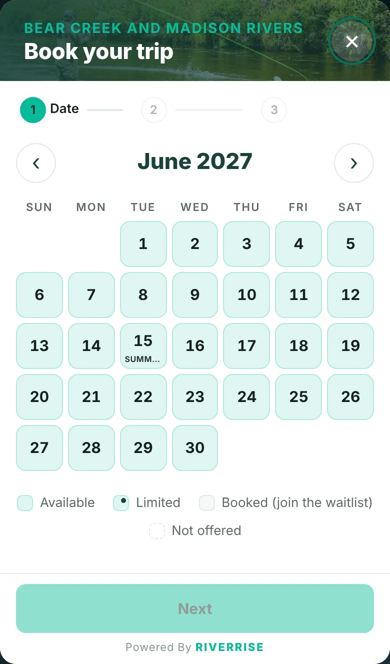 Date step of the booking window showing June open dates and the spring and summer seasons