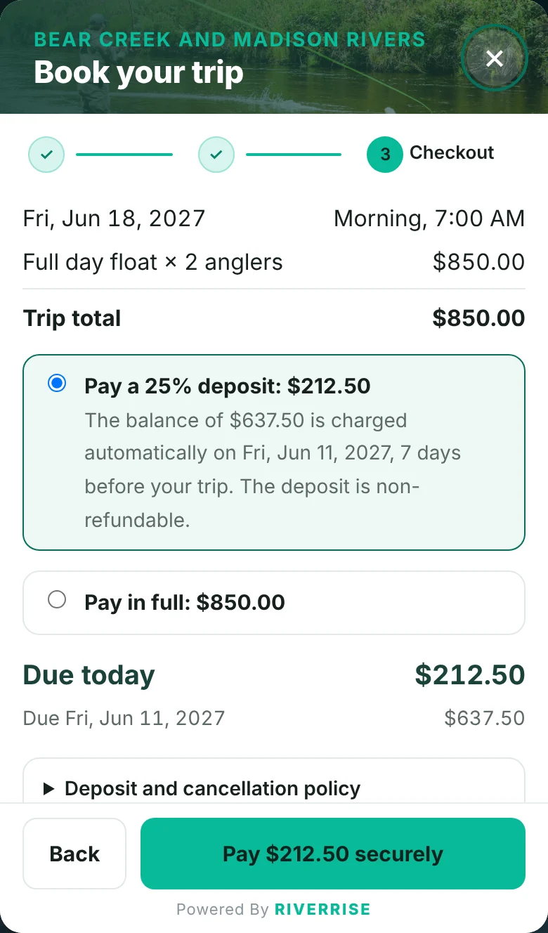 Review step of the booking window: full day float for 2 anglers, a 25% deposit today and the balance charged automatically 7 days before the trip