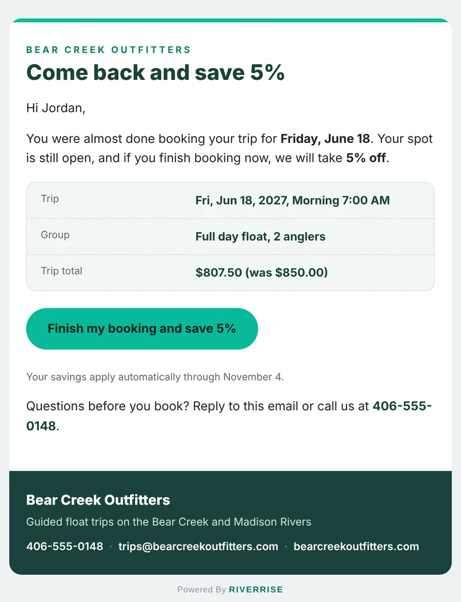 Reminder email: Come back and save 5%, with the trip details and a Finish my booking button