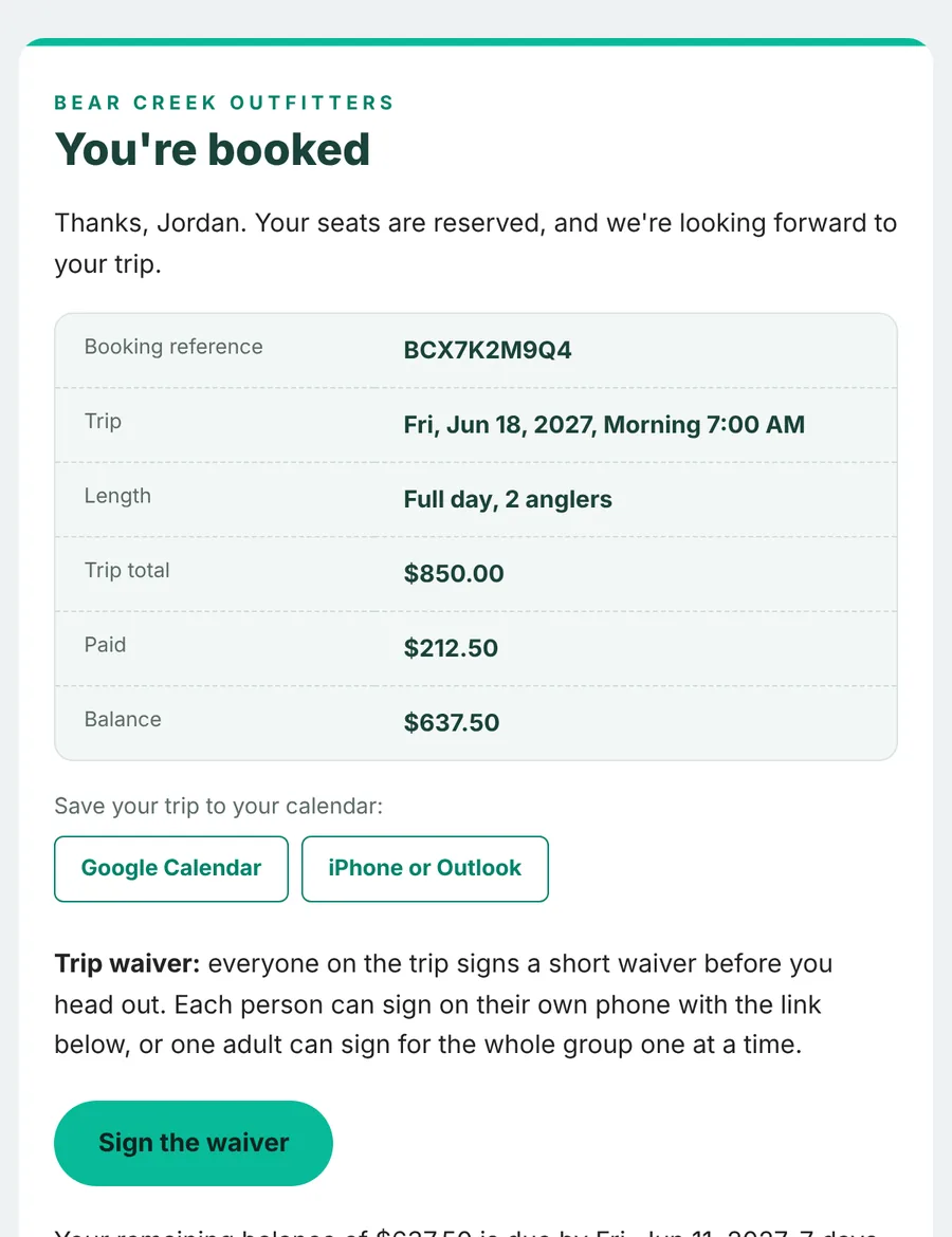 Booking confirmation email with trip details, amount paid, balance, calendar buttons and a waiver button