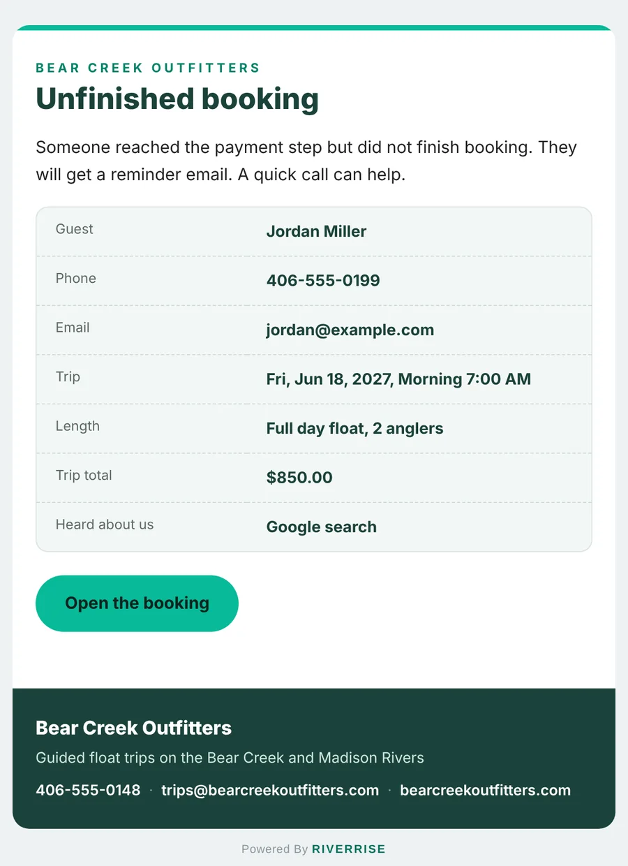 Alert to the outfitter: unfinished booking with the guest's name, phone and trip