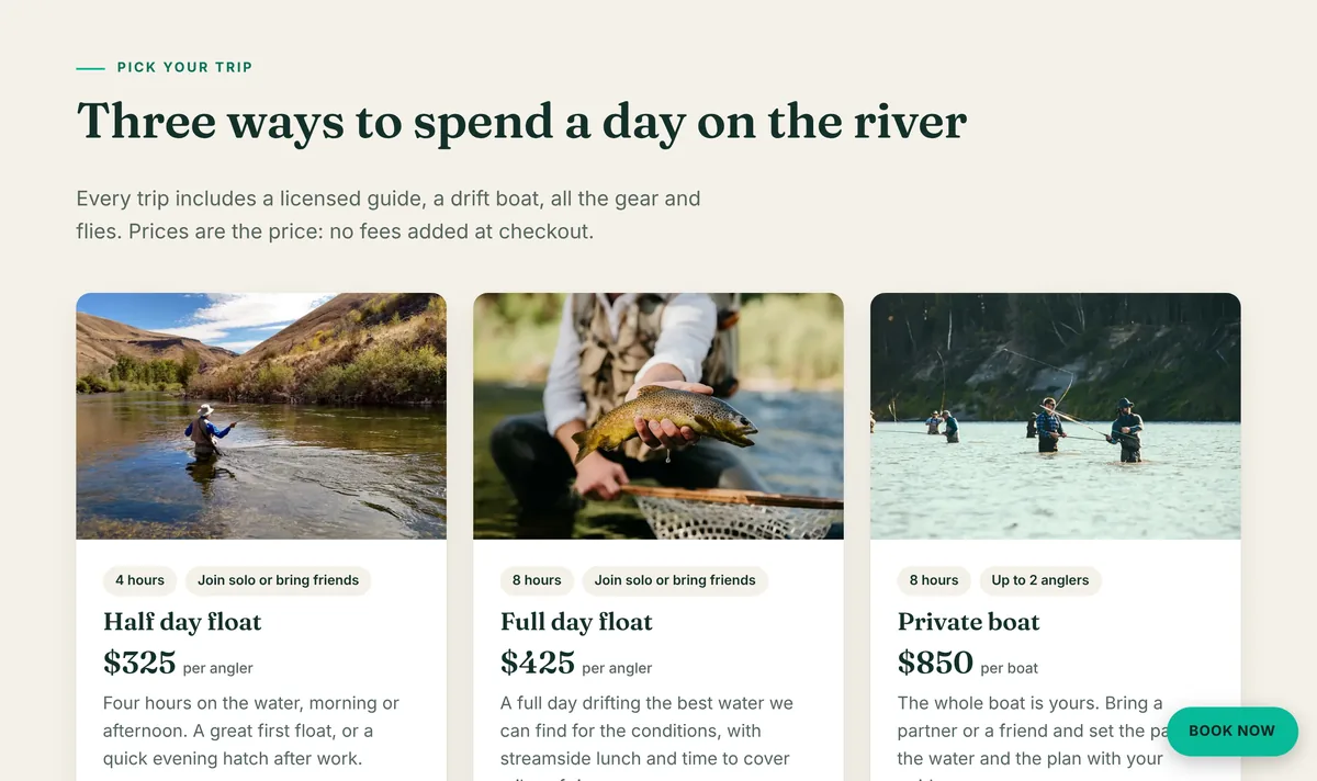 Trip cards with photos, prices and Check dates buttons