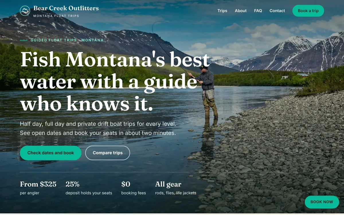 Outfitter home page with a Book a trip button in the header, a Check dates and book button in the hero, and a floating Book now button
