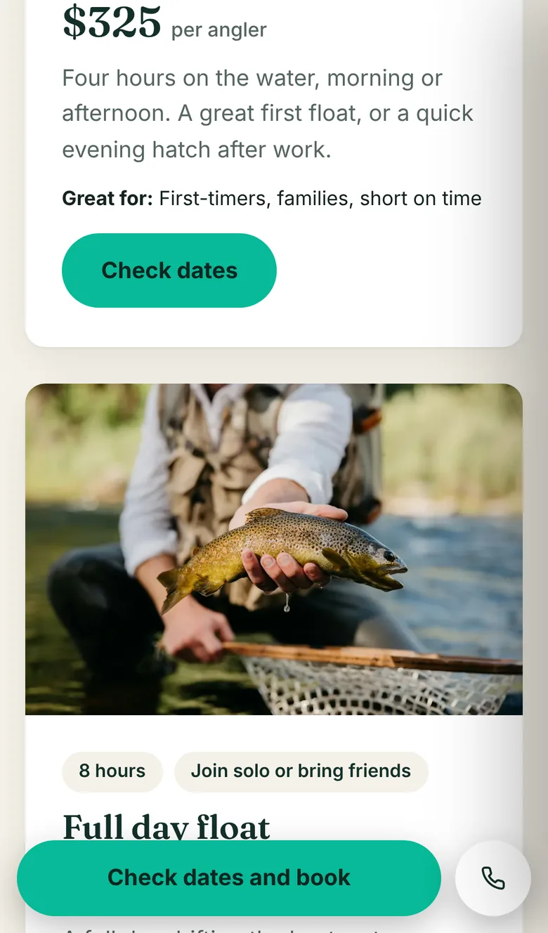 Phone view of trip cards with a sticky Check dates and book bar