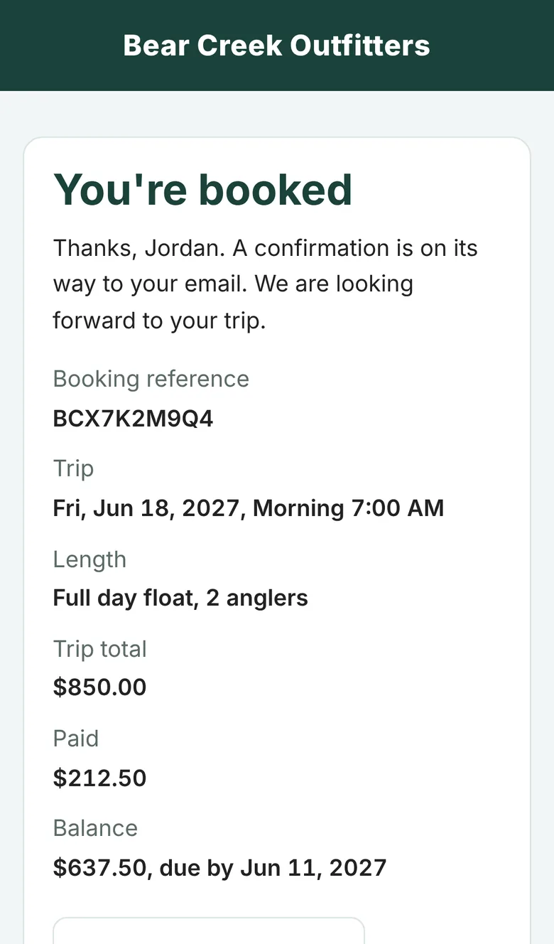 Guest booking page with trip details, calendar buttons and the balance