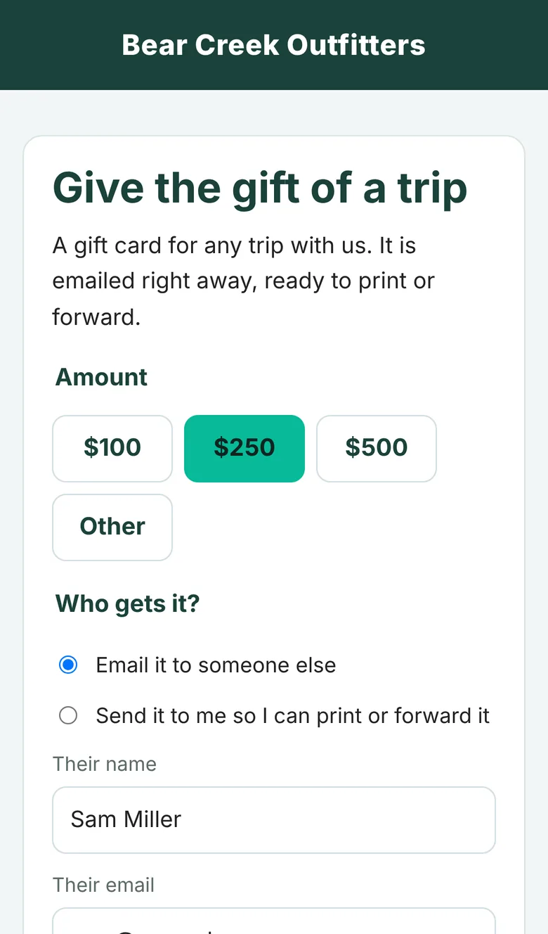 Gift card purchase page with amounts and recipient details