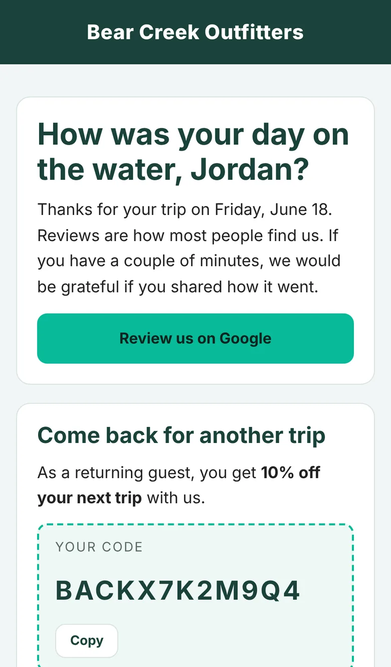 After-trip page asking for a Google review and offering a come-back discount code