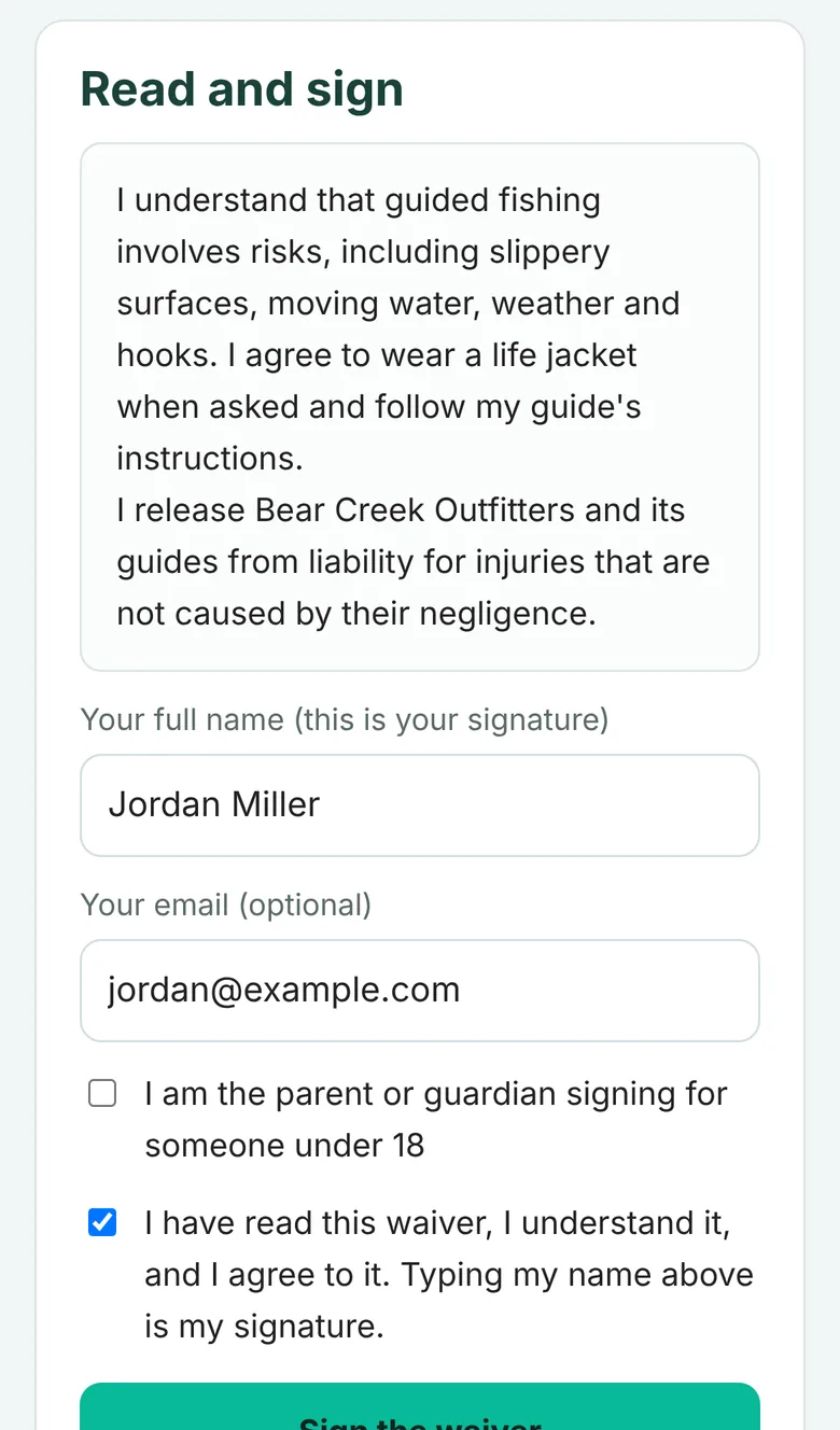 Trip waiver page on a phone with the guest typing their name to sign