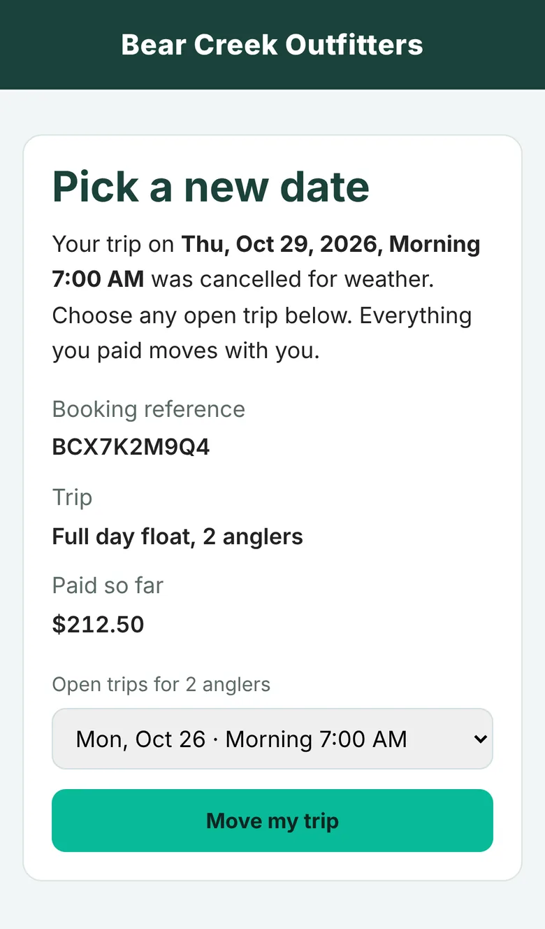 Guest page to pick a new date after a weather cancellation