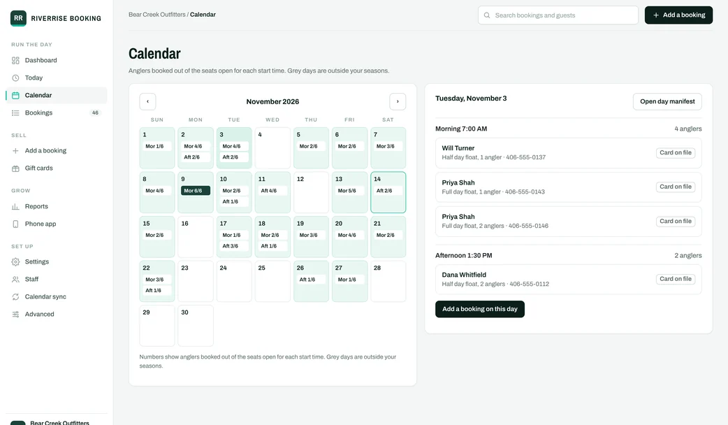 RIVERRISE BOOKINGS office calendar with weekly trips, balances due, declined cards and a day's bookings