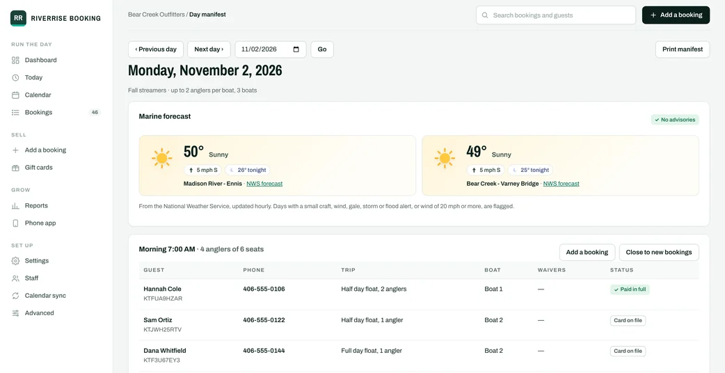 Day manifest with guests, boats, waivers, meeting details and the cancel for weather option